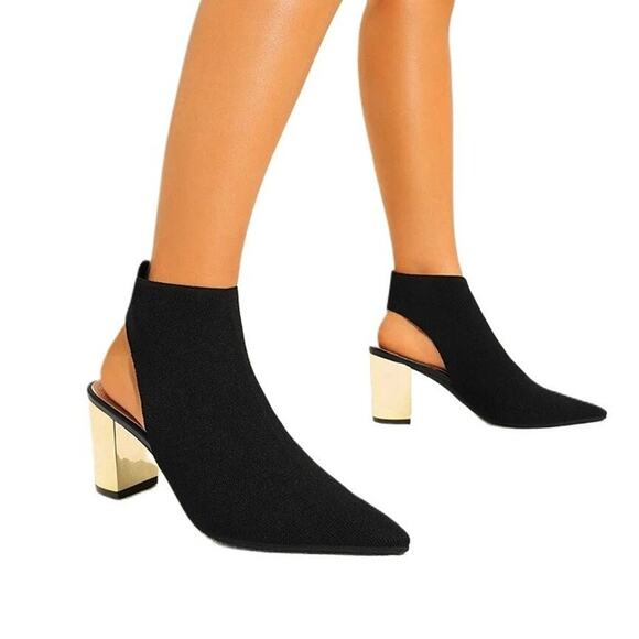 Black Pointed Toe Gold Block Heel Ankle Bootie Sandal‎ High Heel Size 7 - Picture 1 of 6